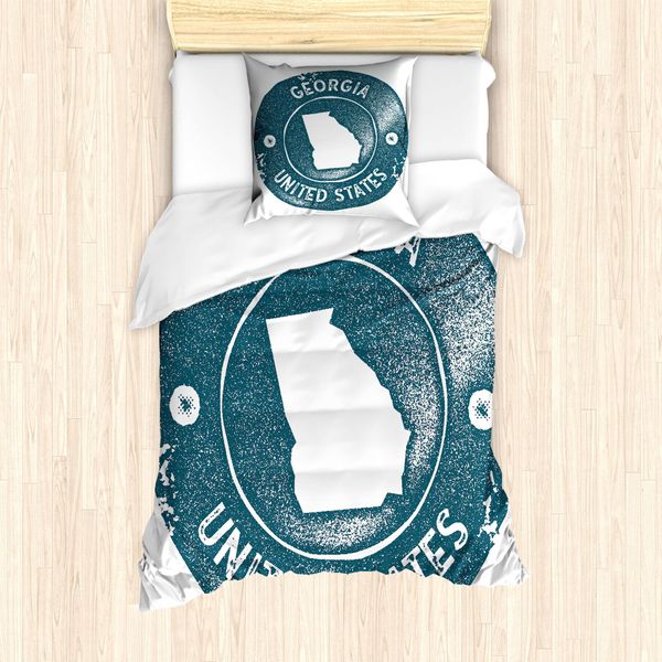 Abakuhaus Georgia Set Copripiumino Per Letti Singoli, Mappa Della Georgia Emblema Rotondo, Antiacaro, Adatto A Chi Soffre Di Allergie, Con Federa, 135 Cm X 200 Cm - 80 X 80 Cm, Verde Acqua Scuro Bianco-image