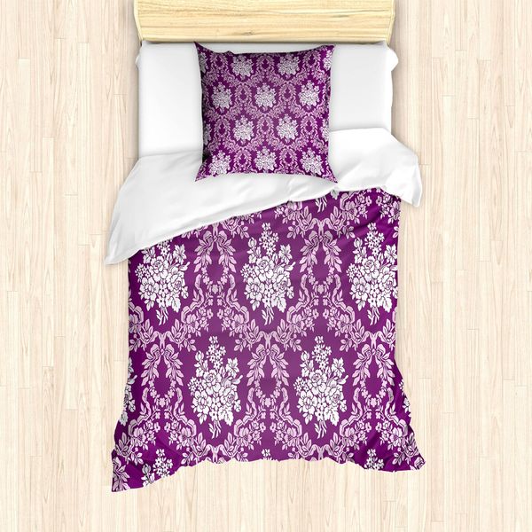 Set Copripiumino Abakuhaus Blumenweinlese, Illustrazione Continua Di Composizioni Floreali Nei Toni Del Viola, 135 X 200 Cm + 80 X 80 Cm, Viola E Bianco-image
