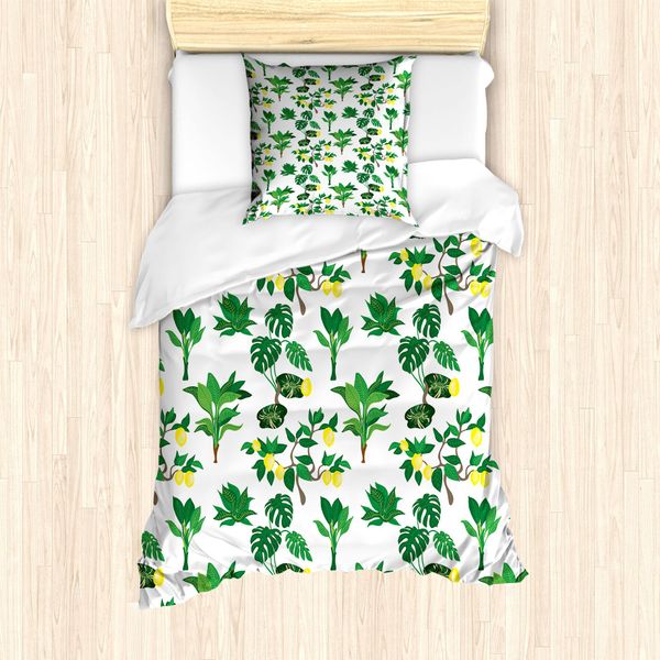 Abakuhaus Set Copripiumino Per Letto Singolo, Tropical Citrus-BlüTen, Antiacaro, Adatto A Chi Soffre Di Allergie, Con Federa, 135 Cm X 200 Cm - 80 X 80 Cm, Giallo Pastello E Verde Felce-image