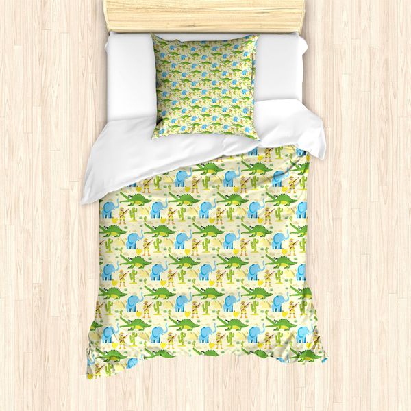 Abakuhaus Set Copripiumino Per Letto Singolo Con Motivo Coccodrillo, Motivo Fauna Selvatica, Antiacaro, Adatto A Chi Soffre Di Allergie, Con Federa, 135 Cm X 200 Cm - 80 X 80 Cm, Crema Multicolore-image