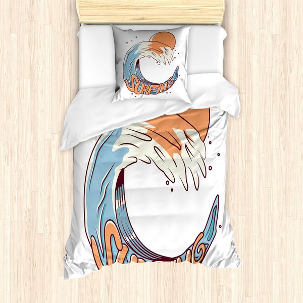 Set Copripiumino Da Letto Singolo Abakuhaus, Disegno Surf Giant Ocean Wave, Antiacaro E Anallergico, Con Federa, 135 Cm X 200 Cm - 80 X 80 Cm, Blu Pesca-image