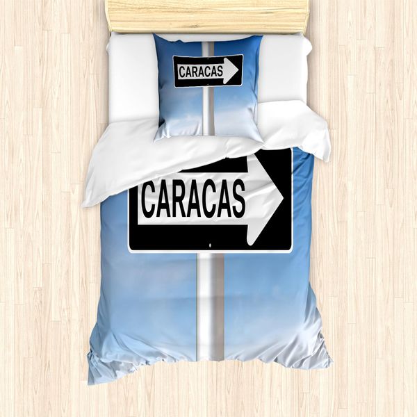 Abakuhaus Venezuela Set Copripiumino Per Letti Singoli, Targhetta Con Scritta Caracas, Antiacaro, Adatto A Chi Soffre Di Allergie, Con Federa, 135 Cm X 200 Cm - 80 X 80 Cm, Blu Cielo Grigio-image