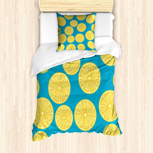 Abakuhaus Set Copripiumino Per Letto Singolo, Vivid Citrus Scheiben Kunst, Antiacaro, Adatto A Chi Soffre Di Allergie, Con Federa, 135 Cm X 200 Cm - 80 X 80 Cm, Sea Blue Earth Giallo-image