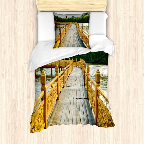 Abakuhaus Set Copripiumino Per Letti Singoli, HolzbrüCke Reisen, Antiacaro, Adatto A Chi Soffre Di Allergie, Con Federa, 135 Cm X 200 Cm - 80 X 80 Cm, Senape, Marrone Chiaro, Verde-image