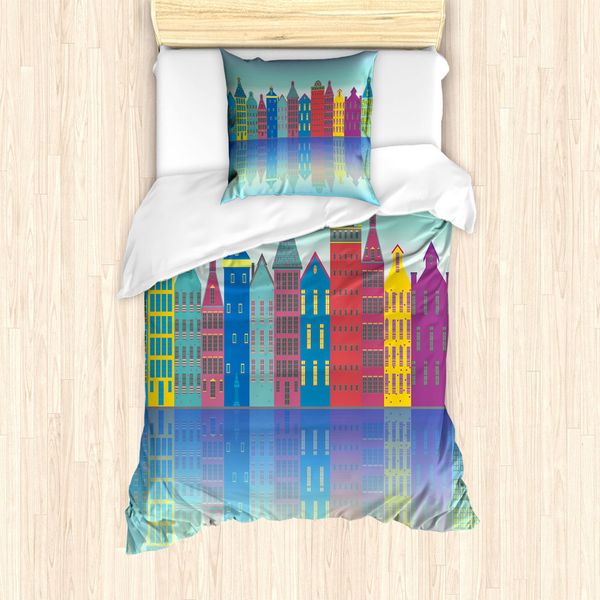 Abakuhaus Amsterdam Set Copripiumino Per Letti Singoli, Elementi Urbani Futuristici, Antiacaro, Adatto A Chi Soffre Di Allergie, Con Federa, 135 Cm X 200 Cm - 80 X 80 Cm, Blu Azzurro Multicolore-image