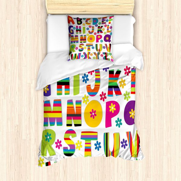 Abakuhaus Set Copripiumino Per Letto Singolo, Lettere Educative Floreali, Antiacaro, Adatto A Chi Soffre Di Allergie, Con Federa, 135 Cm X 200 Cm - 80 X 80 Cm, Multicolore-image