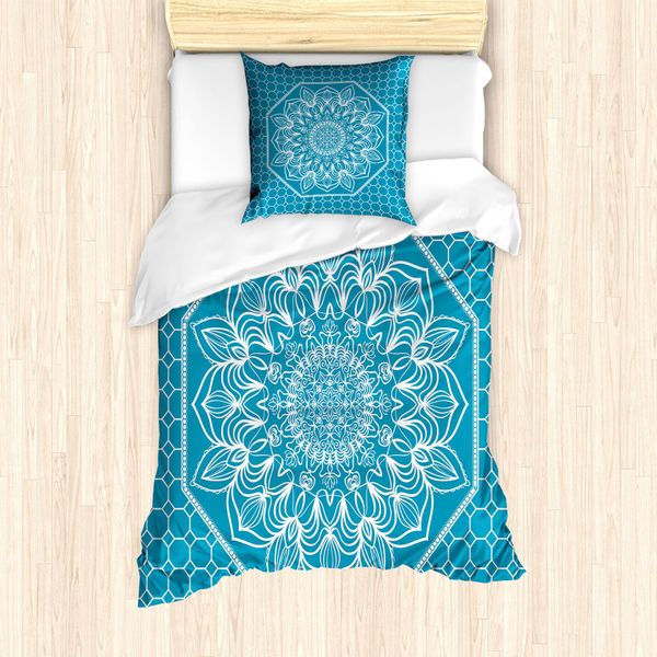 Abakuhaus Set Copripiumino Blu Mandala Per Letti Singoli, Motivo Floreale Filigranato, Antiacaro, Adatto A Chi Soffre Di Allergie, Con Federa, 135 Cm X 200 Cm - 80 X 80 Cm, Blu Mare E Bianco Sporco-image