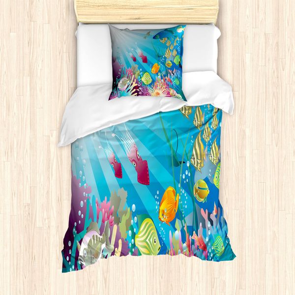 Abakuhaus Set Copripiumino Subacqueo Per Letti Singoli, Specie Ittiche Marine, Antiacaro, Adatto A Chi Soffre Di Allergie, Con Federa, 135 Cm X 200 Cm - 80 X 80 Cm, Multicolore-image