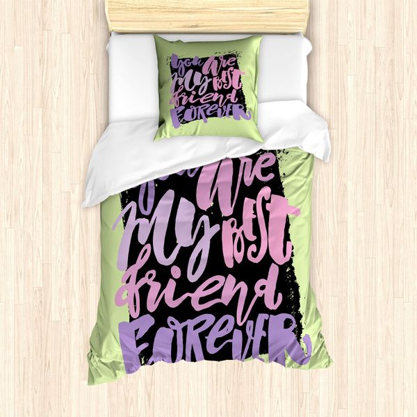 Abakuhaus Set Copripiumino Best Friend Per Letti Singoli, Scritta Chiara, Antiacaro, Adatto A Chi Soffre Di Allergie, Con Federa, 135 Cm X 200 Cm - 80 X 80 Cm, Verde Pallido Rosa Baby-image