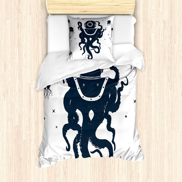 Abakuhaus Set Copripiumino Vintage Nautical Tattoo Per Letti Singoli, Costume Da Polipo, Antiacaro, Adatto A Chi Soffre Di Allergie, Con Federa, 135 Cm X 200 Cm - 80 X 80 Cm, Viola Scuro, Blu, Bianco-image