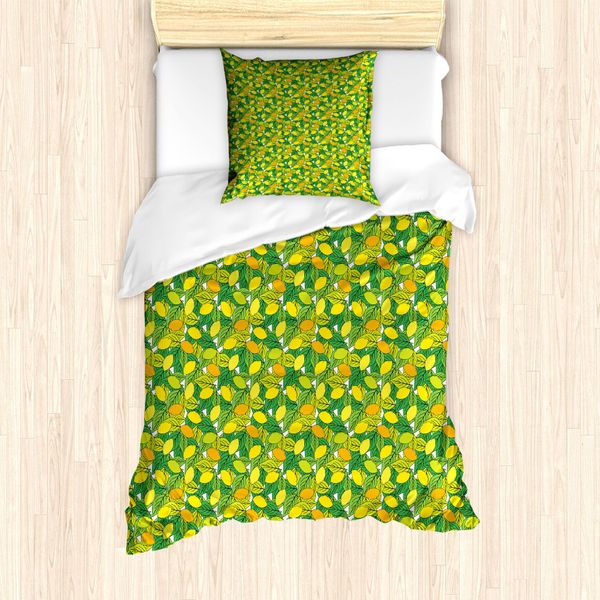 Abakuhaus Set Copripiumino Per Letto Singolo, Hand Drawn Citrus Doodle, Antiacaro, Adatto A Chi Soffre Di Allergie, Con Federa, 135 Cm X 200 Cm - 80 X 80 Cm, Verde Giallo-image