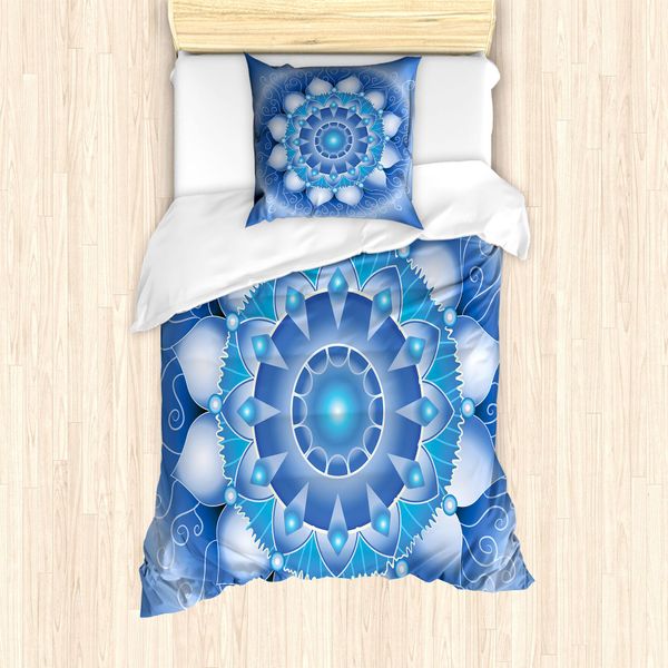 Abakuhaus Set Copripiumino Blu Mandala Per Letti Singoli, Stile Folcloristico Orientale, Antiacaro, Adatto A Chi Soffre Di Allergie, Con Federa, 135 Cm X 200 Cm - 80 X 80 Cm, Blu Cielo Profondo Multicolore-image