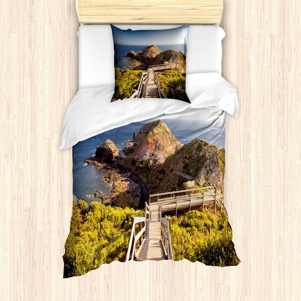Abakuhaus Australia Set Copripiumino Per Letti Singoli, Rocks-Bridge And The Sea, Antiacaro, Adatto A Chi Soffre Di Allergie, Con Federa, 135 Cm X 200 Cm - 80 X 80 Cm, Marrone Chiaro Verde Blu-image