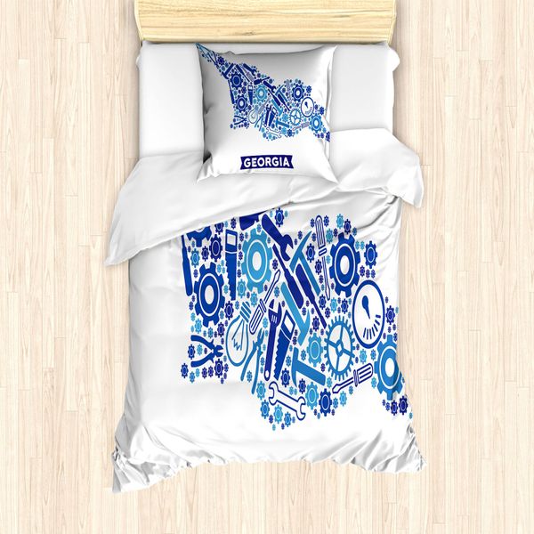 Abakuhaus Georgia Set Copripiumino Per Letti Singoli, Motivo Hammer Cogwheels, Antiacaro, Adatto A Chi Soffre Di Allergie, Con Federa, 135 Cm X 200 Cm - 80 X 80 Cm, Blu Scuro E Azzurro-image