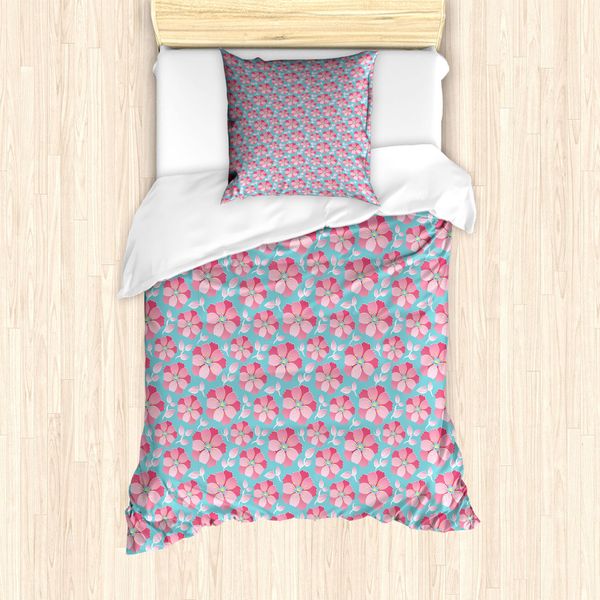 Abakuhaus Set Copripiumino Blu E Rosa Per Letti Singoli, Motivo Petals, Antiacaro, Adatto A Chi Soffre Di Allergie, Con Federa, 135 Cm X 200 Cm - 80 X 80 Cm, Blu Mare E Rosa-image