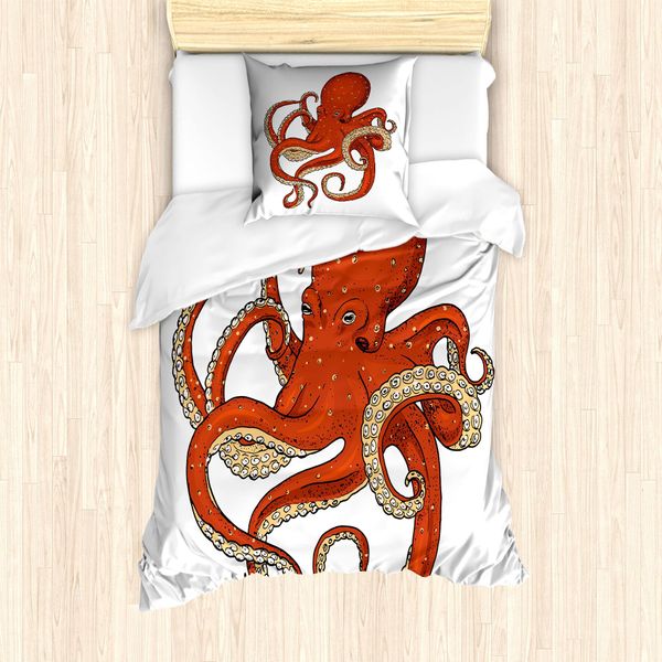 Abakuhaus Set Copripiumino Vintage Con Tatuaggi Nautici Per Letti Singoli, Disegno Polpo, Antiacaro, Adatto A Chi Soffre Di Allergie, Con Federa, 135 Cm X 200 Cm - 80 X 80 Cm, Color Vermiglio Guscio D'uovo-image