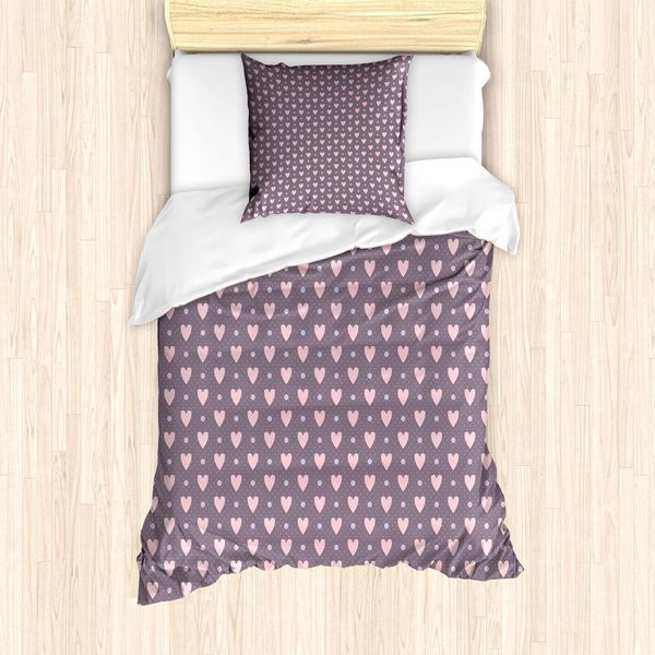 Set Copripiumino Abakuhaus Vintage Valentine, Divertente Motivo Ripetitivo A Cuori E Pois, 135 X 200 Cm + 80 X 80 Cm, Rosa Melanzana Chiaro-image