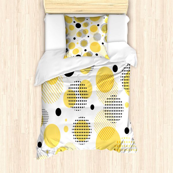 Abakuhaus Set Copripiumino A Pois Gialli Per Letti Singoli, Serie Spots Kunst, Antiacaro, Adatto A Chi Soffre Di Allergie, Con Federa, 135 Cm X 200 Cm - 80 X 80 Cm, Senape Grigio Antracite-image