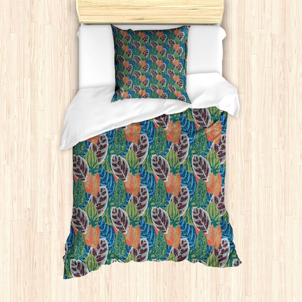 Abakuhaus Set Copripiumino Per Letto Singolo, Foglie Di Piante Grasse, Antiacaro, Adatto A Chi Soffre Di Allergie, Con Federa, 135 Cm X 200 Cm - 80 X 80 Cm, Multicolore-image