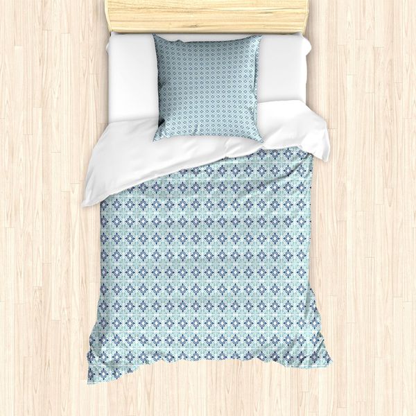 Abakuhaus Set Copripiumino Marocchino Per Letti Singoli, Tonalità Mediterranee, Antiacaro, Adatto A Chi Soffre Di Allergie, Con Federa, 135 Cm X 200 Cm - 80 X 80 Cm, Pale Teal Dark Sky Blue-image