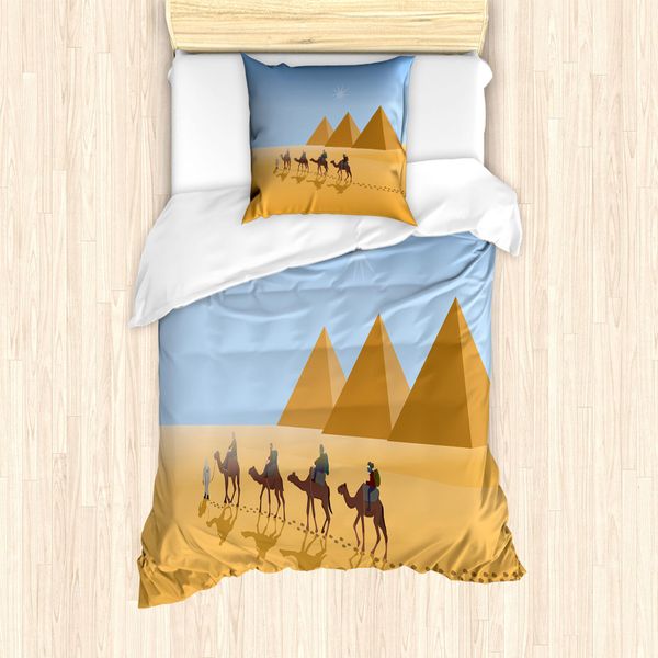 Abakuhaus Set Copripiumino Egiziano Per Letti Singoli, Cammelliere Nel Deserto, Antiacaro, Adatto A Chi Soffre Di Allergie, Con Federa, 135 Cm X 200 Cm - 80 X 80 Cm, Pale Sky Blue Brown-image