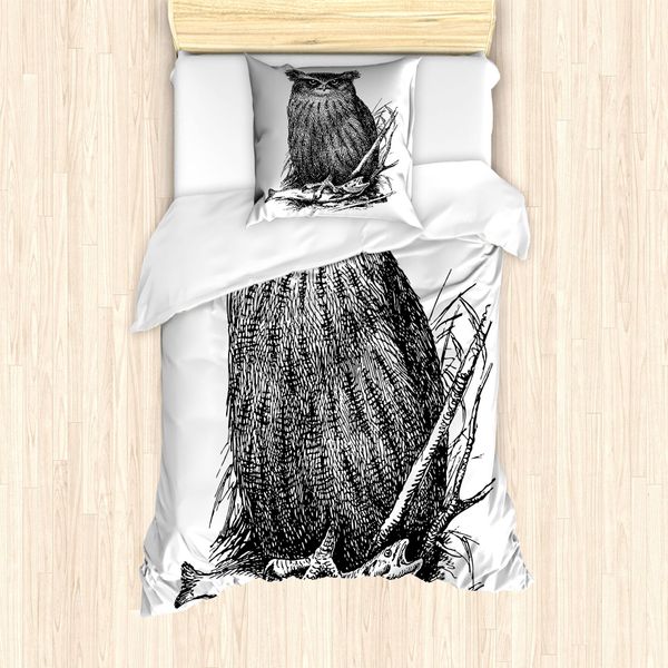 Abakuhaus Set Copripiumino Con Stampa Gufo Per Letti Singoli, Vintage Wise Nachtvogel, Antiacaro, Adatto A Chi Soffre Di Allergie, Con Federa, 135 Cm X 200 Cm - 80 X 80 Cm, Grigio Antracite Bianco-image