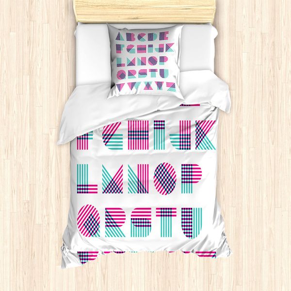 Abakuhaus Set Copripiumino Per Letto Singolo, Lettere Moderne A Strisce, Antiacaro, Adatto A Chi Soffre Di Allergie, Con Federa, 135 Cm X 200 Cm - 80 X 80 Cm, Turchese Rosa-image