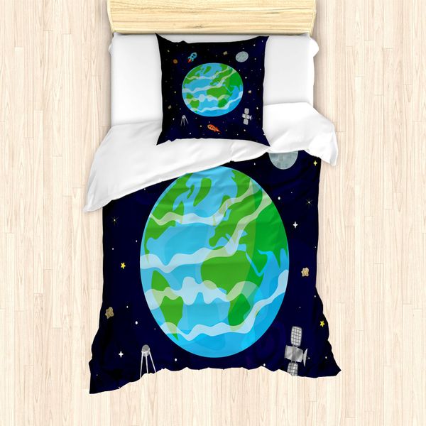 Abakuhaus Set Copripiumino Per Letti Singoli, Celestial Cartoon Terra, Antiacaro, Adatto A Chi Soffre Di Allergie, Con Federa, 135 Cm X 200 Cm - 80 X 80 Cm, Indaco E Multicolore-image