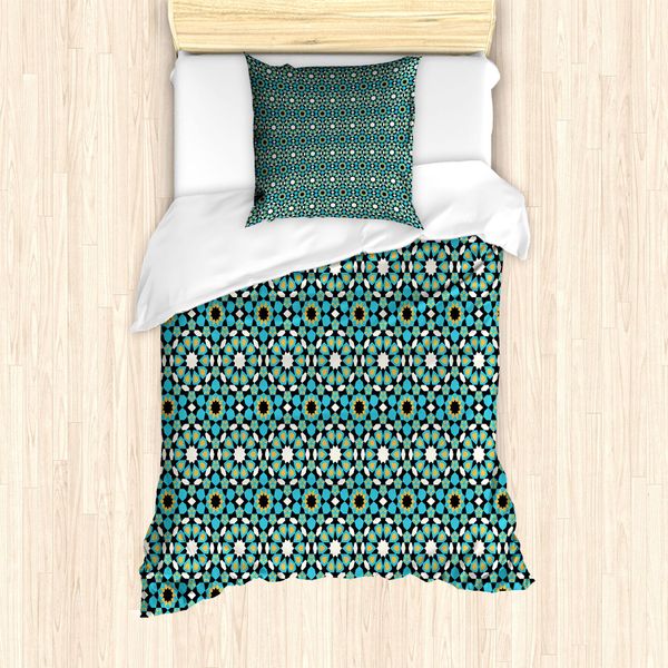 Abakuhaus Set Copripiumino Marocchino Per Letti Singoli, Vintage Geometric Floral, Antiacaro, Adatto A Chi Soffre Di Allergie, Con Federa, 135 Cm X 200 Cm - 80 X 80 Cm, Blu Cielo Verde Reseda-image