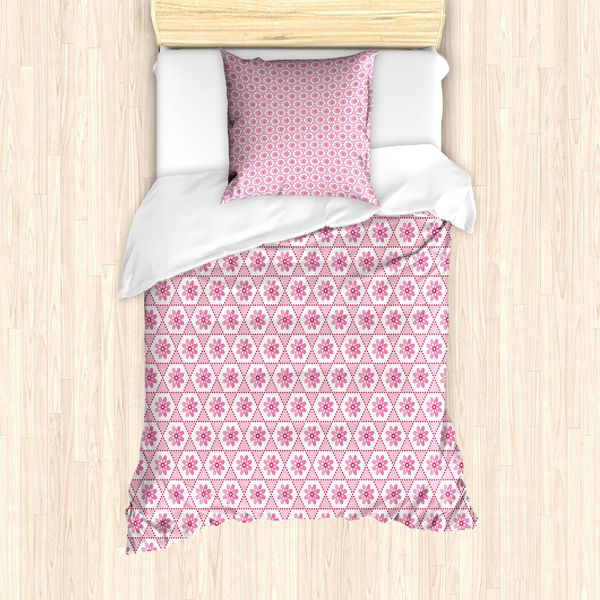 Abakuhaus Set Copripiumino Per Letti Singoli, Fiori Rosa In Esagoni, Antiacaro, Adatto A Chi Soffre Di Allergie, Con Federa, 135 Cm X 200 Cm - 80 X 80 Cm, Rosa Baby-Bianco-image