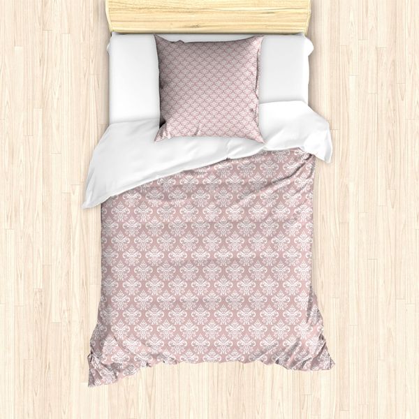 Set Copripiumino In Damasco Rosa Abakuhaus Per Letti Singoli, Fiori Astratti Monocromatici, Antiacaro E Anallergico Con Federa, 135 Cm X 200 Cm - 80 X 80 Cm, Salmone Chiaro E Bianco-image