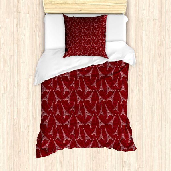 Abakuhaus Set Copripiumino Per Letto Singolo Torre Eiffel, Monumento E Cuori, Antiacaro, Adatto A Chi Soffre Di Allergie, Con Federa, 135 Cm X 200 Cm - 80 X 80 Cm, Marrone Rosa Essiccata Rubino-image
