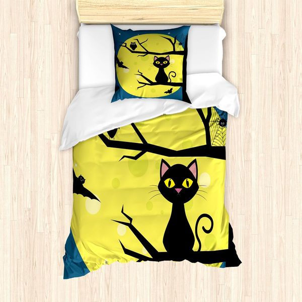 Set Copripiumino Halloween Abakuhaus, Gatto E Gufo Su Un Ramo Di Albero Con Luna Piena, 135 X 200 Cm + 80 X 80 Cm, Blu Petrolio E Giallo-image
