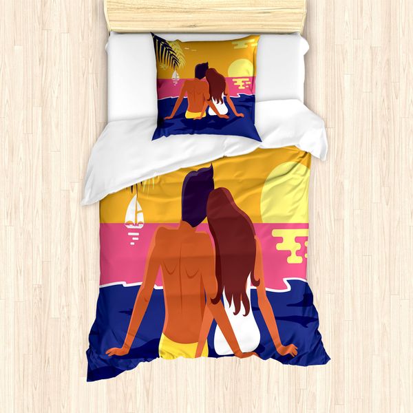 Abakuhaus Set Copripiumino Con Motivo Grafico Per Letti Singoli, Romantica Coppia Sulla Costa, Antiacaro, Adatto A Chi Soffre Di Allergie, Con Federa, 135 Cm X 200 Cm - 80 X 80 Cm, Multicolore-image