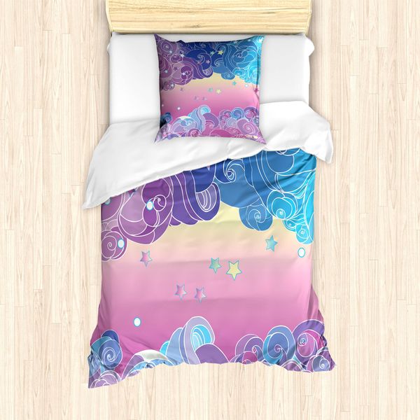Abakuhaus Set Copripiumino Artistico Per Letti Singoli, Nuvole E Stelle, Antiacaro, Adatto A Chi Soffre Di Allergie, Con Federa, 135 Cm X 200 Cm - 80 X 80 Cm, Multicolore-image