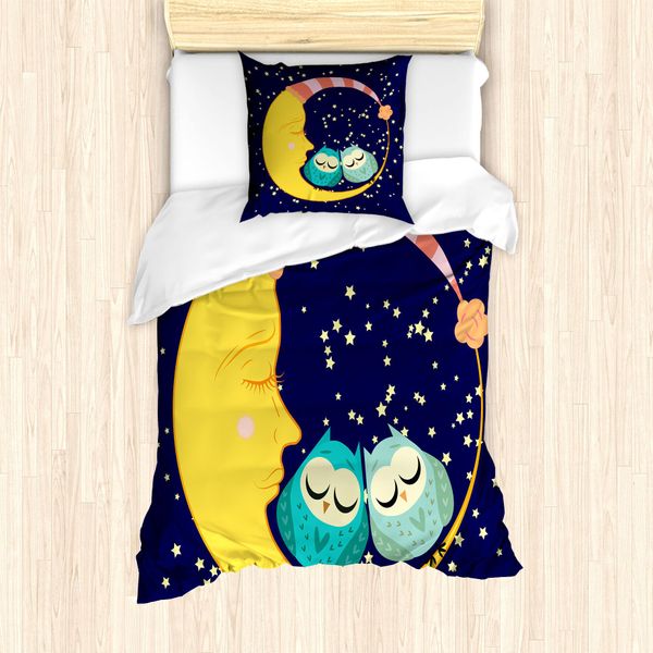 Set Copripiumino Abakuhaus Per Letti Singoli, Sleeping Owl Couple Crescent, Antiacaro, Adatto A Chi Soffre Di Allergie, Con Federa, 135 Cm X 200 Cm - 80 X 80 Cm, Indaco E Multicolore-image