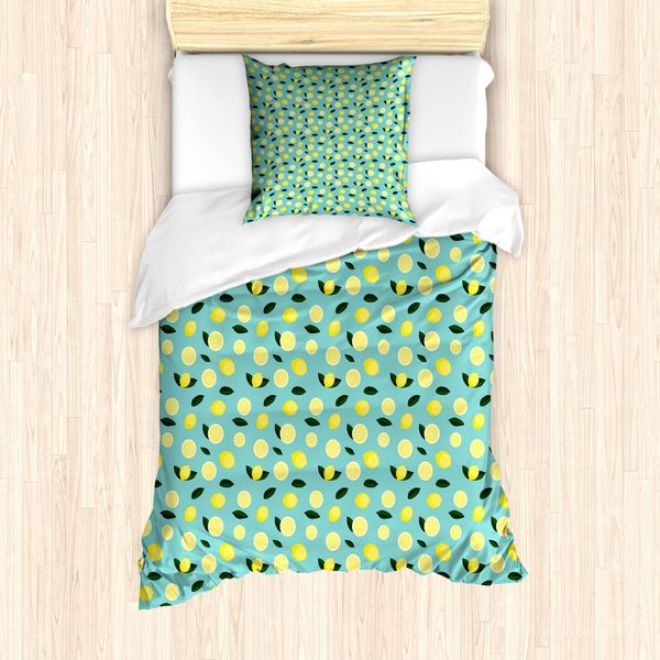 Abakuhaus Set Copripiumino Per Letto Singolo, Fette Di Agrumi, Arte Ritmica, Antiacaro, Adatto A Chi Soffre Di Allergie, Con Federa, 135 Cm X 200 Cm - 80 X 80 Cm, Smeraldo Pastello Giallo-image