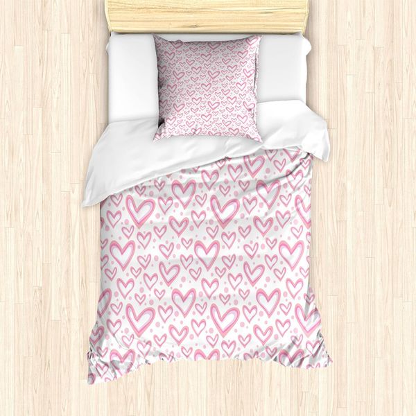 Abakuhaus Set Copripiumino Vintage Valentine, Motivo Pastello Con Cuori E Cerchi, 135 X 200 Cm + 80 X 80 Cm, Rosa Pallido-image