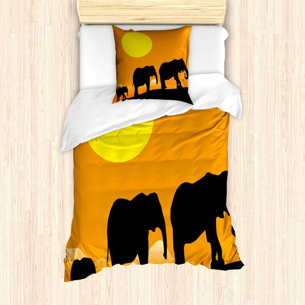 Abakuhaus Set Copripiumino Silhouette Per Letti Singoli, Elefantino E Famiglia, Antiacaro, Adatto A Chi Soffre Di Allergie, Con Federa, 135 Cm X 200 Cm - 80 X 80 Cm, Giallo Calendula-image