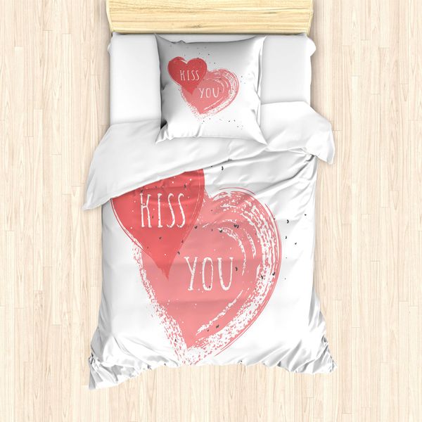 Abakuhaus Set Copripiumino Vintage Valentine Per Letti Singoli, Cuori Kiss You, Antiacaro, Adatto A Chi Soffre Di Allergie, Con Federa, 135 Cm X 200 Cm - 80 X 80 Cm, Corallo Scuro Rosa Pallido-image