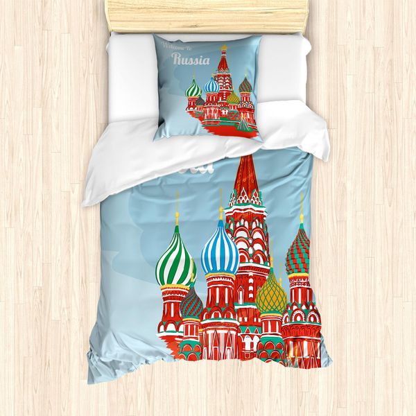 Abakuhaus Set Copripiumino Russo Per Letti Singoli, Arte Architettonica Slava, Antiacaro, Adatto A Chi Soffre Di Allergie, Con Federa, 135 Cm X 200 Cm - 80 X 80 Cm, Pale Sky Blue Multicolor-image