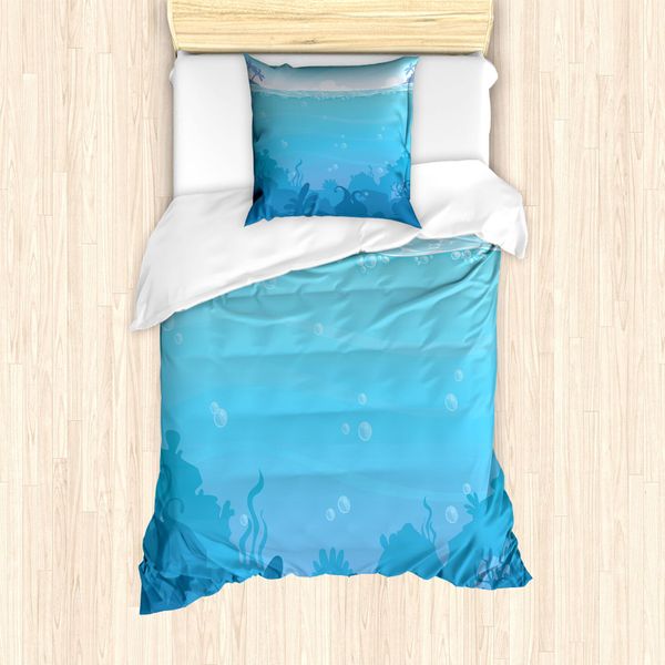 Abakuhaus Set Copripiumino Per Letti Singoli, Paesaggio Sottomarino Con Palme, Antiacaro, Adatto A Chi Soffre Di Allergie, Con Federa, 135 Cm X 200 Cm - 80 X 80 Cm, Azzurro Cielo E Blu Mare-image