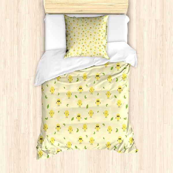 Abakuhaus Set Copripiumino Per Letto Singolo, Motivo Floreale Agrumato, Antiacaro E Anallergico, Con Federa, 135 Cm X 200 Cm - 80 X 80 Cm, Verde Lime Senape-image