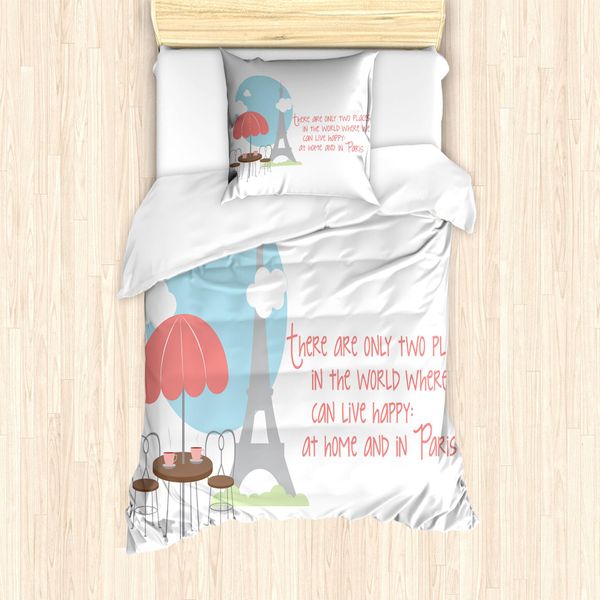 Abakuhaus Set Copripiumino Per Letto Singolo Torre Eiffel, Paesaggio E Scritta, Antiacaro, Adatto A Chi Soffre Di Allergie, Con Federa, 135 Cm X 200 Cm - 80 X 80 Cm, Coral Pale Taupe-image