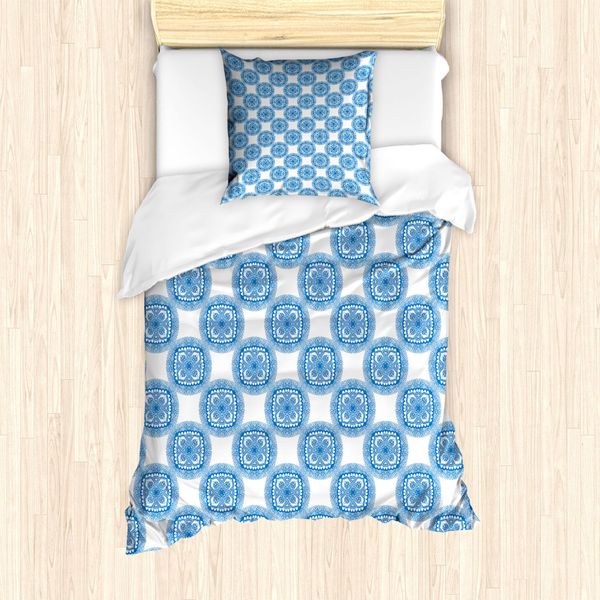 Abakuhaus Set Copripiumino Blu Mandala Per Letti Singoli, Motivo Floreale Orientale, Antiacaro, Adatto A Chi Soffre Di Allergie, Con Federa, 135 Cm X 200 Cm - 80 X 80 Cm, Blu Mare E Bianco-image
