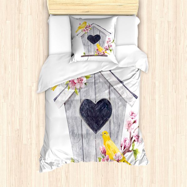 Abakuhaus Set Copripiumino Per Letto Singolo, Nido Con Cuori E Fiori, Antiacaro, Adatto A Chi Soffre Di Allergie, Con Federa, 135 Cm X 200 Cm - 80 X 80 Cm, Bianco Multicolore-image
