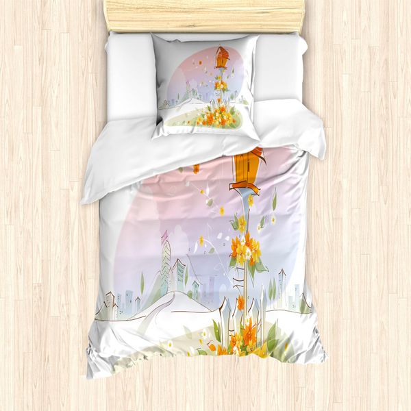 Abakuhaus Set Copripiumino Per Letto Singolo, Motivo Floreale Con Uccellini, Antiacaro, Adatto A Chi Soffre Di Allergie, Con Federa, 135 Cm X 200 Cm - 80 X 80 Cm, Arancione Bruciato Multicolore-image