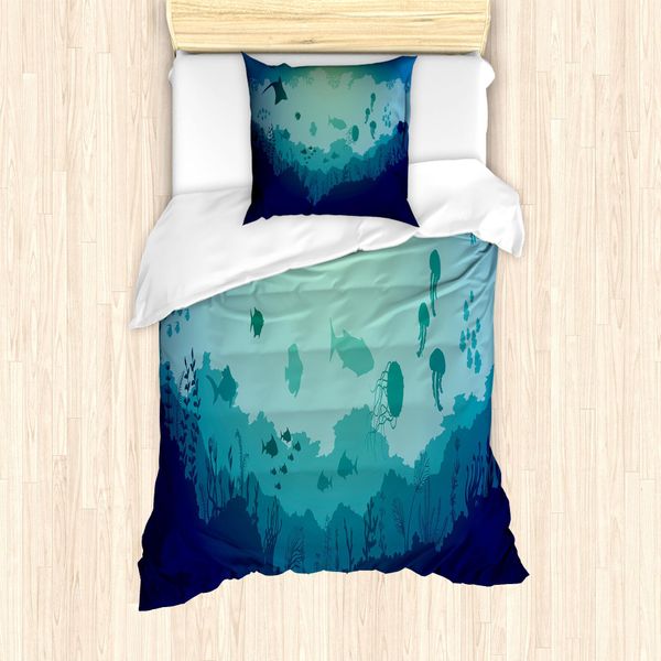 Abakuhaus Set Copripiumino Per Letti Singoli, Meduse Coralli Mammiferi, Antiacaro Adatto A Chi Soffre Di Allergie Con Federa, 135 Cm X 200 Cm - 80 X 80 Cm, Blu Verde Mandorla-image