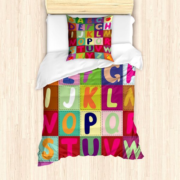 Abakuhaus Set Copripiumino Per Letto Singolo, Abc E Quadrati Con Frutta, Antiacaro, Adatto A Chi Soffre Di Allergie, Con Federa, 135 Cm X 200 Cm - 80 X 80 Cm, Multicolore-image