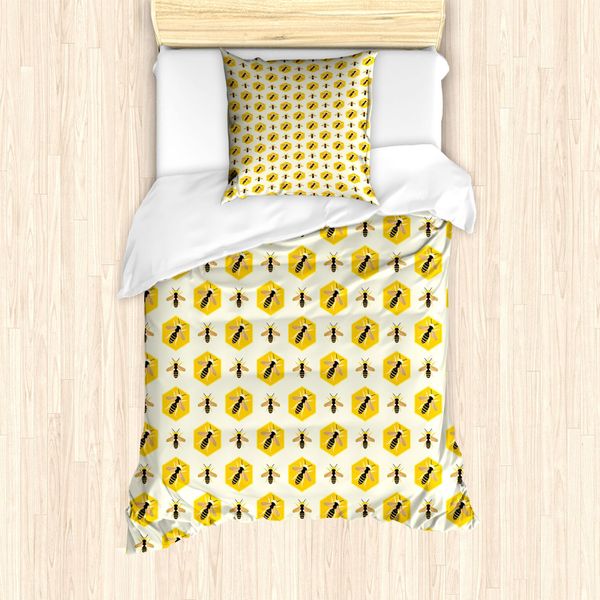 Abakuhaus Set Copripiumino Queen Bee Per Letti Singoli, Motivo A Esagoni Ripetuti, Antiacaro, Adatto A Chi Soffre Di Allergie, Con Federa, 135 Cm X 200 Cm - 80 X 80 Cm, Terra Giallo Grigio Chiaro-image